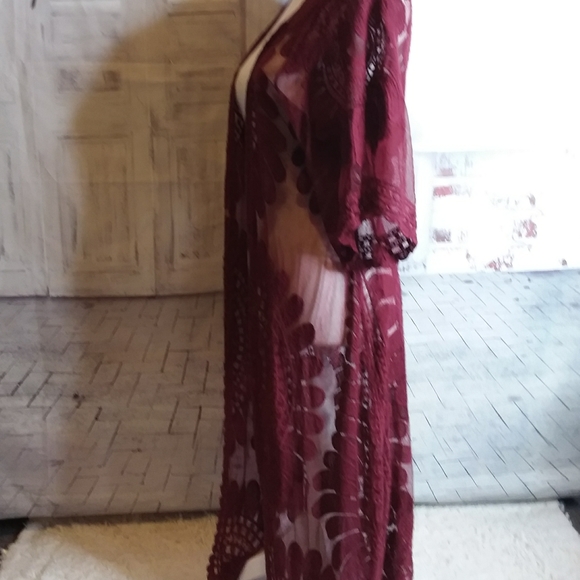 Rebellion again burgundy BOHO floral lace cardigan duster size S - Picture 4 of 7